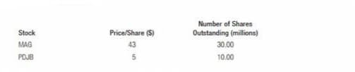 Stock
MAG
PDJB
Price/Share ($)
43
5
Number of Shares
Outstanding (millions)
30.00
10.00