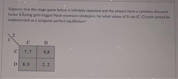 Suppose that the stage game below is infinitely repeated and the players have a common discount
factor 5. Using grim trigger/Nash reversion strategies, for what values of 8 can (C, C) each period be
implemented as a subgame perfect equilibrium?
2
C
D
C
7,7
8,0
D
0,8
2,2