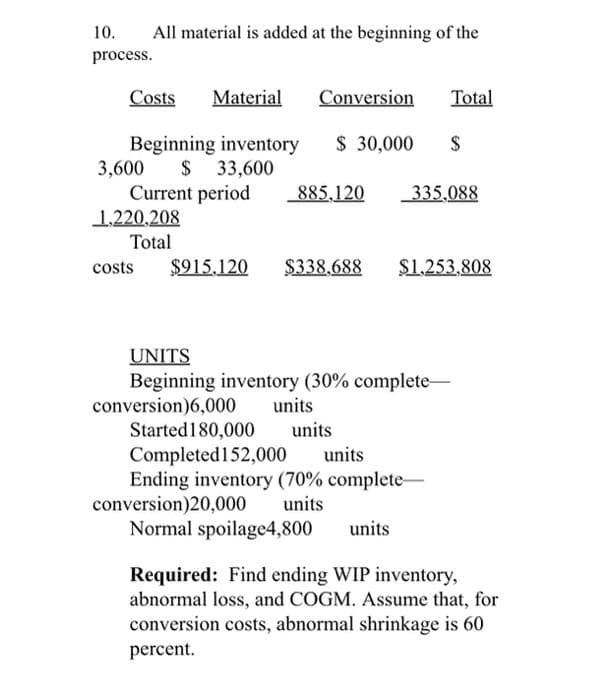 10. All material is added at the beginning of the
process.
Costs Material Conversion
Beginning inventory $ 30,000 $
3,600 $ 33,600
Current period 885,120
1,220,208
Total
costs $915,120 $338,688 $1,253,808
conversion)6,000
UNITS
Beginning inventory (30% complete-
Started 180,000
units
conversion)20,000
units
Total
335,088
Completed 152,000 units
Ending inventory (70% complete-
units
units
Normal spoilage4,800
Required: Find ending WIP inventory,
abnormal loss, and COGM. Assume that, for
conversion costs, abnormal shrinkage is 60
percent.