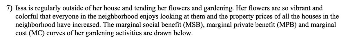 7) Issa is regularly outside of her house and tending her flowers and gardening. Her flowers are so vibrant and
colorful that everyone in the neighborhood enjoys looking at them and the property prices of all the houses in the
neighborhood have increased. The marginal social benefit (MSB), marginal private benefit (MPB) and marginal
cost (MC) curves of her gardening activities are drawn below.