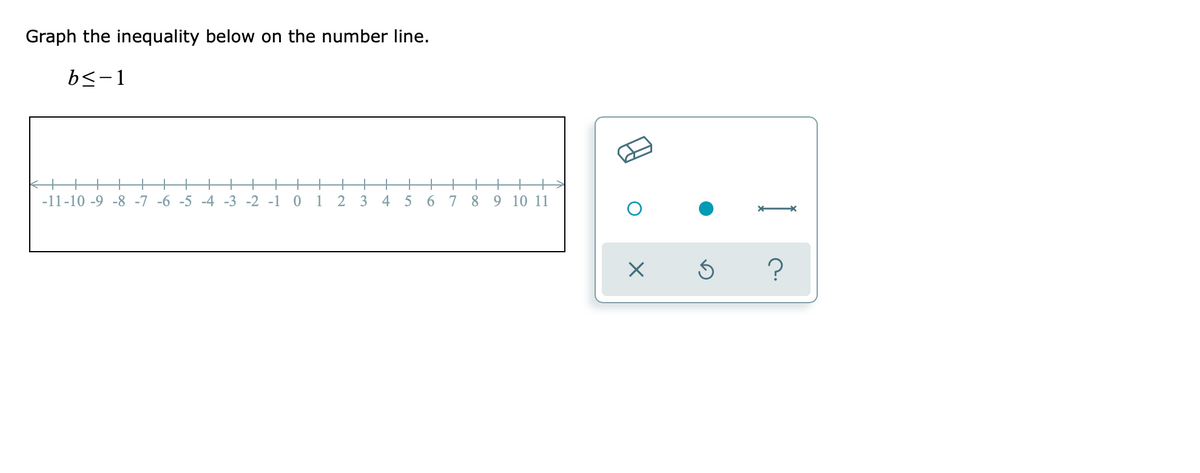 Graph the inequality below on the number line.
b<-1
+
-11-10 -9 -8 -7 -6 -5 -4 -3 -2 -1 0
+
2 3
4 5 6 7
8
9 10 11
I
