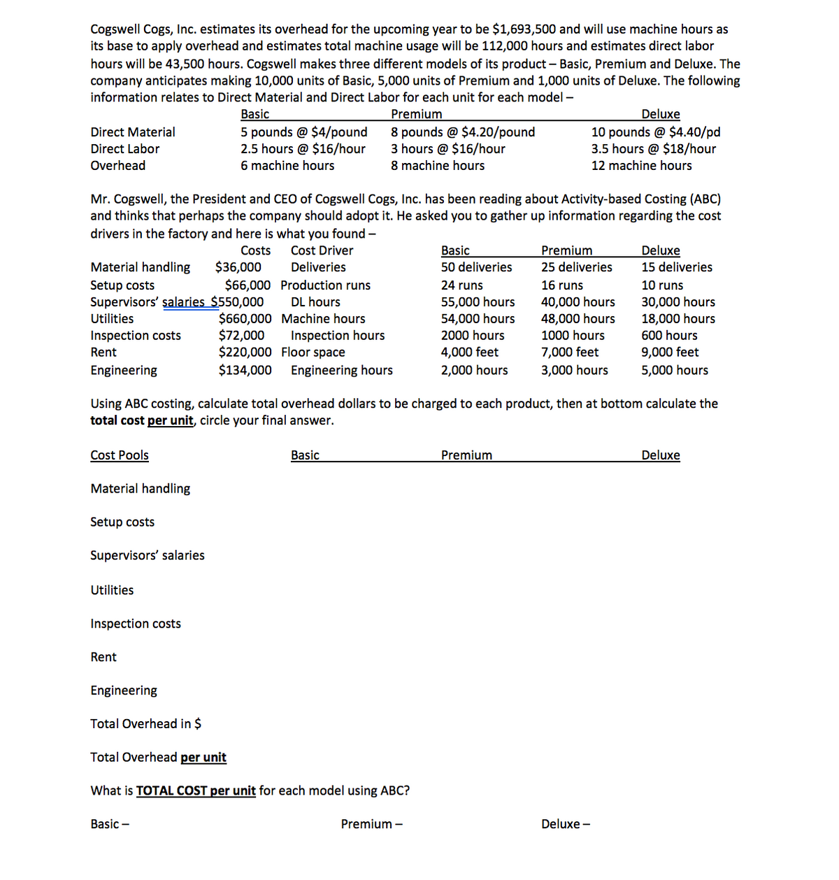Cogswell Cogs, Inc. estimates its overhead for the upcoming year to be $1,693,500 and will use machine hours as
its base to apply overhead and estimates total machine usage will be 112,000 hours and estimates direct labor
hours will be 43,500 hours. Cogswell makes three different models of its product – Basic, Premium and Deluxe. The
company anticipates making 10,000 units of Basic, 5,000 units of Premium and 1,000 units of Deluxe. The following
information relates to Direct Material and Direct Labor for each unit for each model –
Basic
Direct Material
Direct Labor
5 pounds @ $4/pound
2.5 hours @ $16/hour
Premium
8 pounds @ $4.20/pound
3 hours @ $16/hour
Deluxe
10 pounds @ $440/pd
3.5 hours @ $18/hour
Overhead
6 machine hours
8 machine hours
12 machine hours
Mr. Cogswell, the President and CEO of Cogswell Cogs, Inc. has been reading about Activity-based Costing (ABC)
and thinks that perhaps the company should adopt it. He asked you to gather up information regarding the cost
drivers in the factory and here is what you found -
Premium
Deluxe
15 deliveries
Costs
Cost Driver
Basic
Material handling
$36,000
$66,000 Production runs
Deliveries
50 deliveries
25 deliveries
Setup costs
24 runs
16 runs
10 runs
Supervisors' salaries $550,000
55,000 hours
54,000 hours
2000 hours
40,000 hours
48,000 hours
DL hours
30,000 hours
$660,000 Machine hours
$72,000
$220,000 Floor space
Utilities
18,000 hours
Inspection costs
Inspection hours
1000 hours
600 hours
Rent
4,000 feet
7,000 feet
9,000 feet
Engineering
$134,000
Engineering hours
2,000 hours
3,000 hours
5,000 hours
Using ABC costing, calculate total overhead dollars to be charged to each product, then at bottom calculate the
total cost per unit, circle your final answer.
Cost Pools
Basic
Premium
Deluxe
Material handling
Setup costs
Supervisors' salaries
Utilities
Inspection costs
Rent
Engineering
Total Overhead in $
Total Overhead per unit
What is TOTAL COST per unit for each model using ABC?
Basic -
Premium –
Deluxe -

