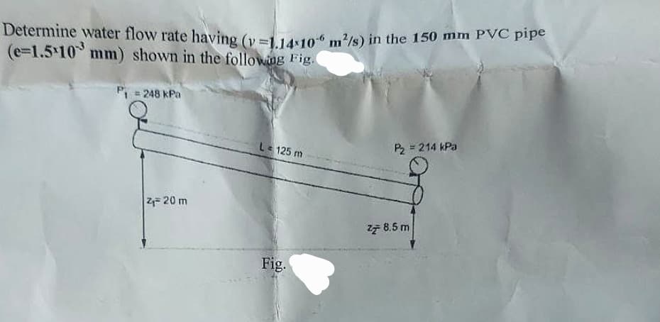 Determine water flow rate having (v=1.14-106 m²/s) in the 150 mm PVC pipe
(e-1.510 mm) shown in the following Fig.
= 248 kPa
Z₁-20 m
L = 125 m
Fig.
P₂ = 214 kPa
Z 8.5 m