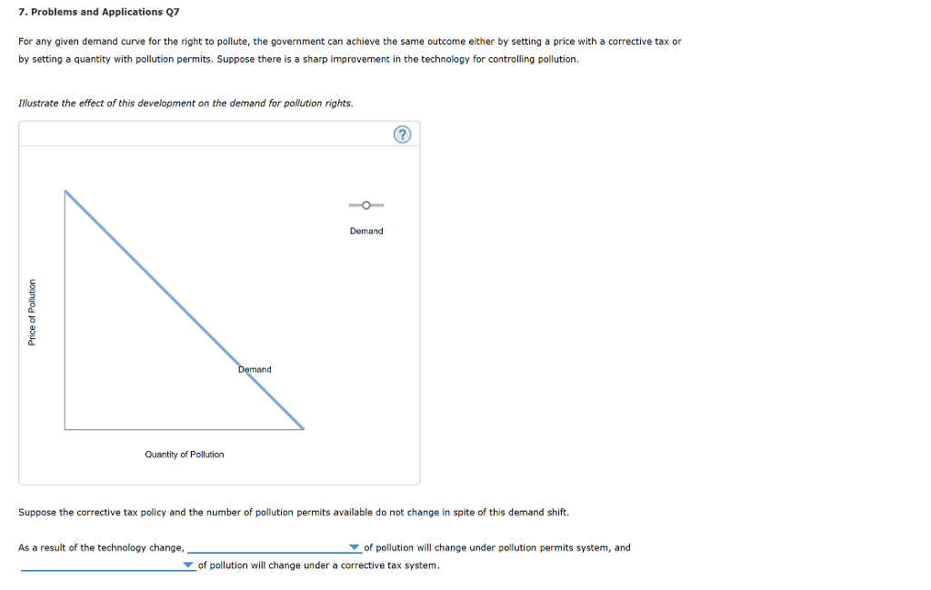 7. Problems and Applications Q7
For any given demand curve for the right to pollute, the government can achieve the same outcome either by setting a price with a corrective tax or
by setting a quantity with pollution permits. Suppose there is a sharp improvement in the technology for controlling pollution.
Illustrate the effect of this development on the demand for pollution rights.
Price of Pollution
Quantity of Pollution
Demand
As a result of the technology change,
Demand
Suppose the corrective tax policy and the number of pollution permits available do not change in spite of this demand shift.
of pollution will change under
(?)
of pollution will change under pollution permits system, and
corrective tax system.