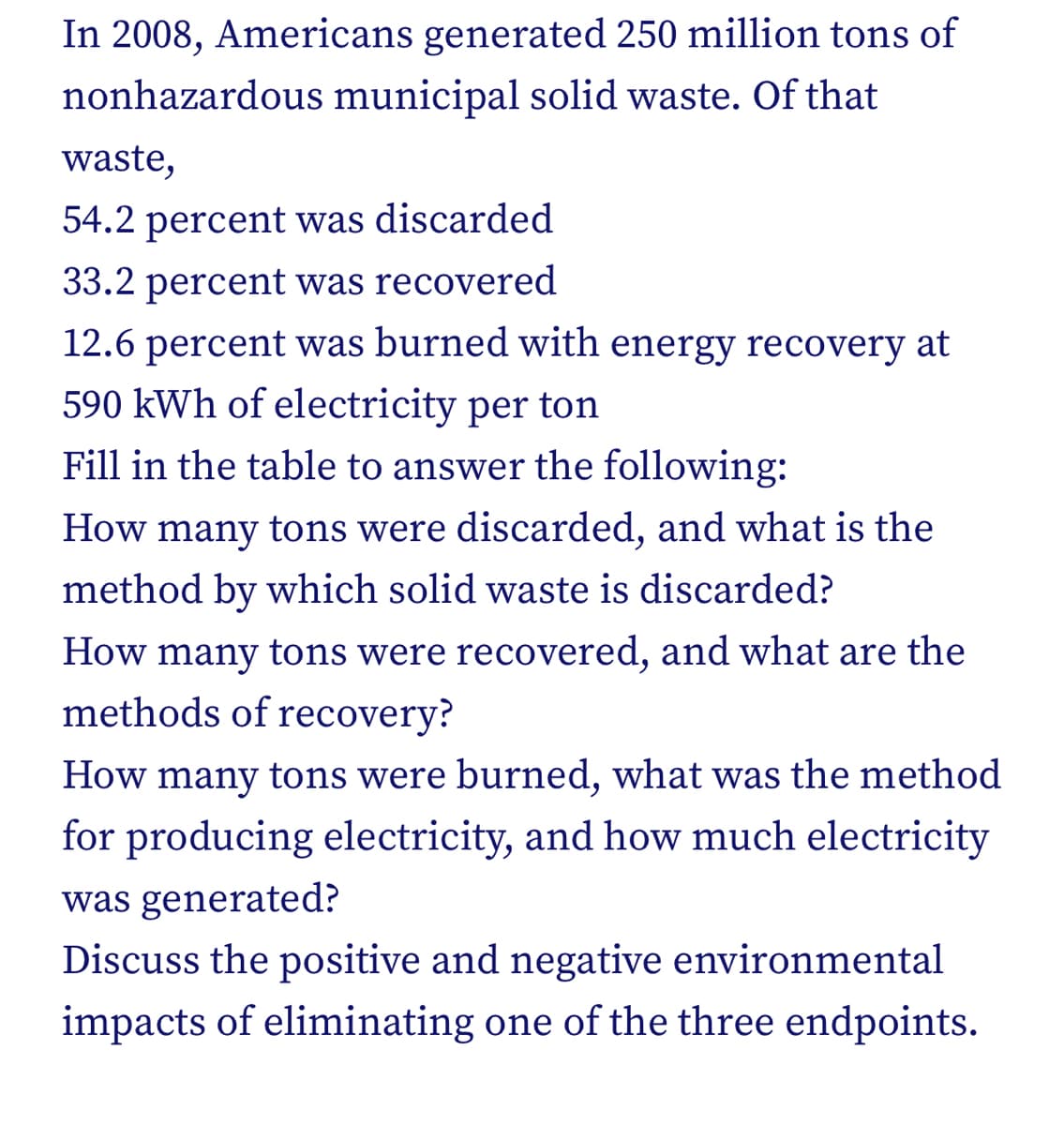 In 2008, Americans generated 250 million tons of
nonhazardous municipal solid waste. Of that
waste,
54.2 percent was discarded
33.2 percent was recovered
12.6 percent was burned with energy recovery at
590 kWh of electricity per ton
Fill in the table to answer the following:
How many tons were discarded, and what is the
method by which solid waste is discarded?
How many tons were recovered, and what are the
methods of recovery?
How many tons were burned, what was the method
for producing electricity, and how much electricity
was generated?
Discuss the positive and negative environmental
impacts of eliminating one of the three endpoints.
