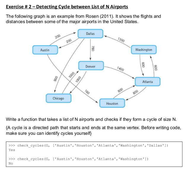 Exercise # 2 - Detecting Cycle between List of N Airports
The following graph is an example from Rosen (2011). It shows the flights and
distances between some of the major airports in the United States.
Dallas
200
1300
200
Austin
Washington
Denver
1400
Atlanta
160
800
800
Chicago
Houston
Write a function that takes a list of N airports and checks if they form a cycle of size N.
{A cycle is a directed path that starts and ends at the same vertex. Before writing code,
make sure you can identify cycles yourself}
>> check_cycles (G, ['Austin','Houston', 'Atlanta','Washington','Dallas'l)
Yes
>>> check_cycles (G, ['Austin', 'Houston','Atlanta','Washington'])
No
600
600
780
0000
000L
006
