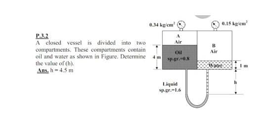 0.34 kg/em
0.15 kg/em
P.3.2
A closed vessel is divided into two
Air
B.
compartments. These compartments contain
oil and water as shown in Figure. Determine 4 m spgr.-0.8
the value of (h).
Ans, h= 4.5 m
Oil
Air
I m
Liquid
sp-gr.-1.6
