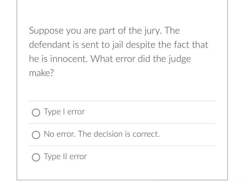 Suppose you are part of the jury. The
defendant is sent to jail despite the fact that
he is innocent. What error did the judge
make?
O Type I error
O No error. The decision is correct.
O Type II error
