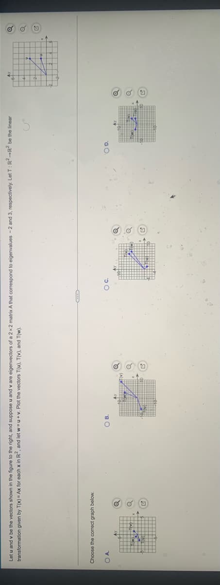 Let u and v be the vectors shown in the figure to the right, and suppose u and v are eigenvectors of a 2x2 matrix A that correspond to eigenvalues -2 and 3, respectively. Let T:R-R" be the linear
transformation given by T(x) = Ax for each x in R", and let w =u+v. Plot the vectors T(u), T(v), and T(w).
Choose the correct graph below.
OD.
