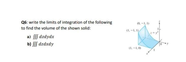 Q6: write the limits of integration of the following
(0, -1, 1)
to find the volume of the shown solid:
(1, -1. 1)
a) f dzdydx
b) Sf dzdxdy
(1, -1,0)
