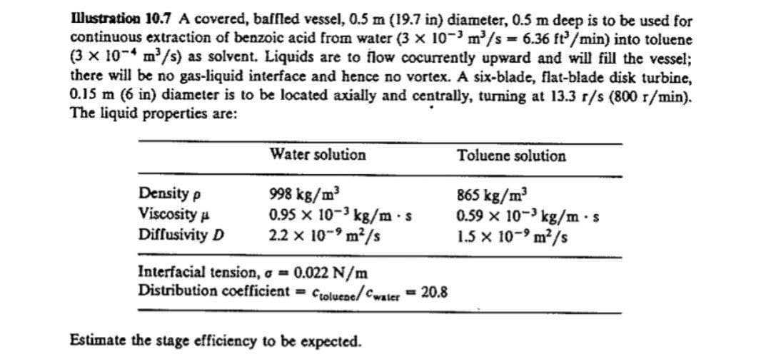 Illustration 10.7 A covered, baffled vessel, 0.5 m (19.7 in) diameter, 0.5 m deep is to be used for
continuous extraction of benzoic acid from water (3 x 10-3 m/s = 6.36 ft/min) into toluene
(3 x 10-4 m/s) as solvent. Liquids are to flow cocurrently upward and will fill the vessel;
there will be no gas-liquid interface and hence no vortex. A six-blade, flat-blade disk turbine,
0.15 m (6 in) diameter is to be located axially and centrally, turning at 13.3 r/s (800 r/min).
The liquid properties are:
Water solution
Toluene solution
Density p
Viscosity p
Diffusivity D
998 kg/m
0.95 x 10-3 kg/m·s
2.2 x 10-9 m2/s
865 kg/m
0.59 x 10- kg/m -s
1.5 x 10-9 m?/s
Interfacial tension, o 0.022 N/m
Distribution coefficient = coluene/Cwater= 20.8
Estimate the stage efficiency to be expected.
