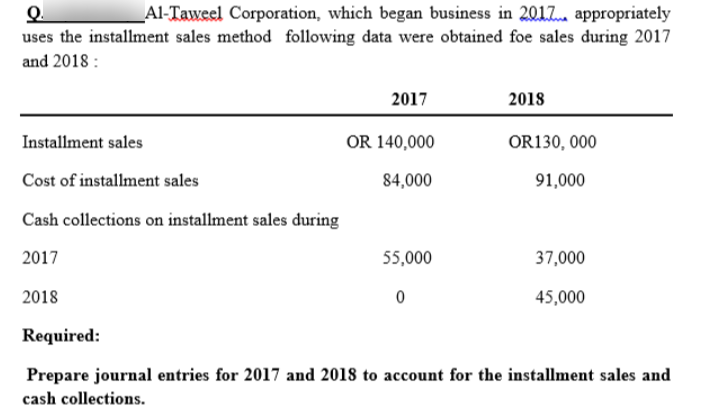 오
uses the installment sales method following data were obtained foe sales during 2017
Al-Taweel Corporation, which began business in 2017. appropriately
and 2018 :
2017
2018
Installment sales
OR 140,000
OR130, 000
Cost of installment sales
84,000
91,000
Cash collections on installment sales during
2017
55,000
37,000
2018
45,000
Required:
Prepare journal entries for 2017 and 2018 to account for the installment sales and
cash collections.
