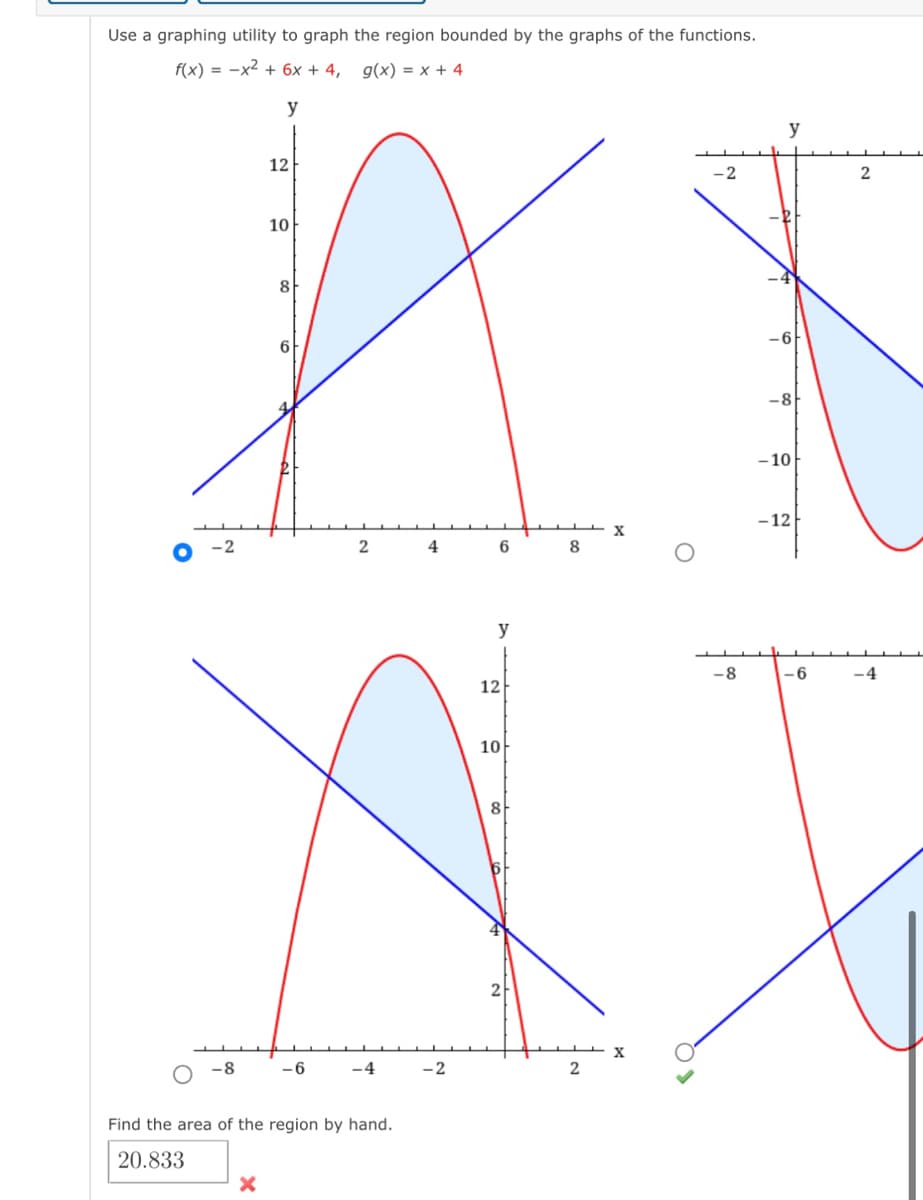 Use a graphing utility to graph the region bounded by the graphs of the functions.
==
g(x) = x + 4
f(x) = -x² + 6x + 4,
y
12
10
8
A
6
24
6 8
-2
-8
-6 -4 -2
Find the area of the region by hand.
20.833
X
y
12
10
8
2
2
X
X
-2
-8
y
-6
-8
-10
-12
-6
2
-4