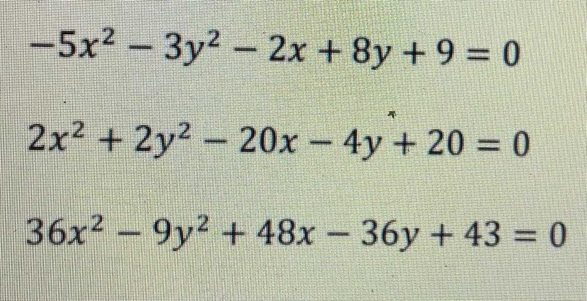 -5x2-
3y2 - 2x + 8y +9 0
2x2 + 2y2- 20x- 4y + 20 = 0
36x2-9y2 + 48x 36y + 43 = 0
