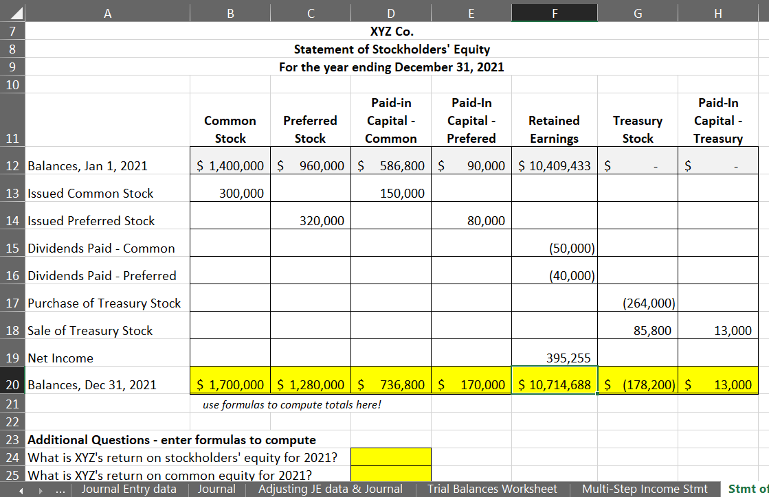 A
D
E
F
H
7
XYZ Co.
8
Statement of Stockholders' Equity
9
For the year ending December 31, 2021
10
Paid-in
Paid-In
Paid-In
Capital -
Prefered
Common
Preferred
Capital -
Retained
Treasury
Capital -
11
Stock
Stock
Common
Earnings
Stock
Treasury
12 Balances, Jan 1, 2021
$ 1,400,000 $ 960,000 $ 586,800 $
90,000 $ 10,409,433 $
13 Issued Common Stock
300,000
150,000
14 Issued Preferred Stock
320,000
80,000
15 Dividends Paid - Common
(50,000)
16 Dividends Paid - Preferred
(40,000)
17 Purchase of Treasury Stock
(264,000)
18 Sale of Treasury Stock
85,800
13,000
19 Net Income
395,255
20 Balances, Dec 31, 2021
$ 1,700,000 $ 1,280,000 $ 736,800 $
170,000 $ 10,714,688 | $ (178,200)| $
13,000
21
use formulas to compute totals here!
22
23 Additional Questions - enter formulas to compute
24 What is XYZ's return on stockholders' equity for 2021?
25 What is XYZ's return on common equity for 2021?
Journal Entry data
Journal
Adjusting JE data & Journal
Trial Balances Worksheet
Multi-Step Income Stmt
Stmt of
...
