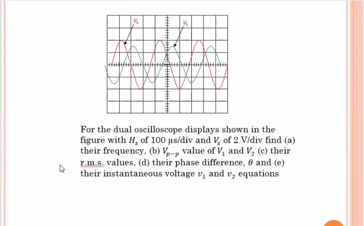 4
V₁
For the dual oscilloscope displays shown in the
figure with H, of 100 µs/div and V, of 2 V/div find (a)
their frequency, (b) Vp-p value of V₁ and V₂ (c) their
r.m.s. values, (d) their phase difference, and (e)
their instantaneous voltage v₁ and v₂ equations