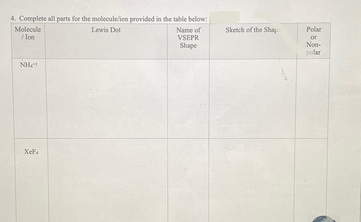 4. Complete all parts for the molecule/ion provided in the table below:
Molecule
Lewis Dot
Name of
/ Ion
VSEPR
Shape
NH4+1
XeF4
Sketch of the Shape
Polar
or
Non-
polar