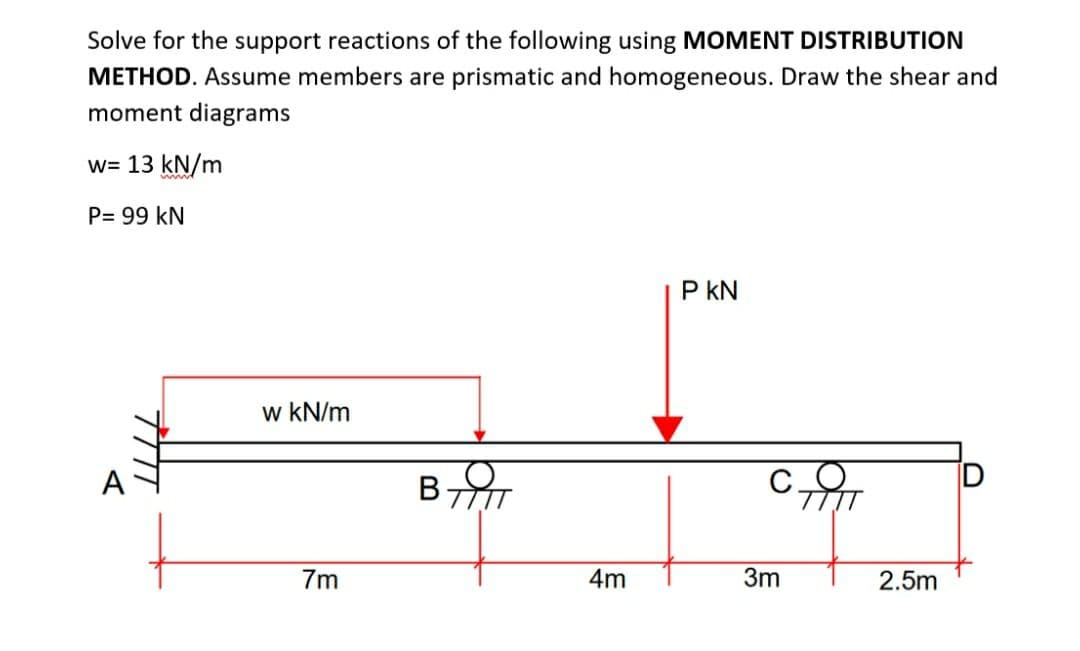 Solve for the support reactions of the following using MOMENT DISTRIBUTION
METHOD. Assume members are prismatic and homogeneous. Draw the shear and
moment diagrams
w= 13 kN/m
P= 99 kN
A
w kN/m
7m
BOT
4m
P KN
3m
TIT
2.5m
D