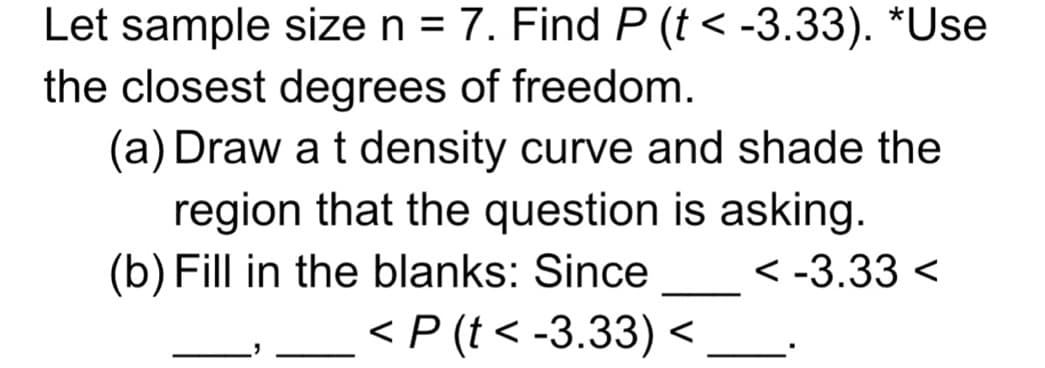 Let sample size n = 7. Find P (t < -3.33). *Use
the closest degrees of freedom.
(a) Draw a t density curve and shade the
region that the question is asking.
(b) Fill in the blanks: Since
< -3.33 <
<P (t < -3.33) <
