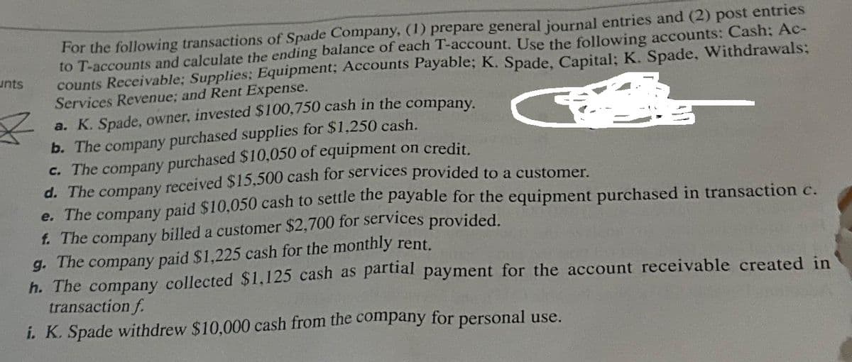 unts
*
For the following transactions of Spade Company, (1) prepare general journal entries and (2) post entries
to T-accounts and calculate the ending balance of each T-account. Use the following accounts: Cash; Ac-
counts Receivable; Supplies; Equipment; Accounts Payable; K. Spade, Capital; K. Spade, Withdrawals;
Services Revenue; and Rent Expense.
a. K. Spade, owner, invested $100,750 cash in the company.
b. The company purchased supplies for $1,250 cash.
c. The company purchased $10,050 of equipment on credit.
d. The company received $15,500 cash for services provided to a customer.
e. The company paid $10,050 cash to settle the payable for the equipment purchased in transaction c.
f. The company billed a customer $2,700 for services provided.
g. The company paid $1,225 cash for the monthly rent.
h. The company collected $1,125 cash as partial payment for the account receivable created in
transaction f.
i. K. Spade withdrew $10,000 cash from the company for personal use.