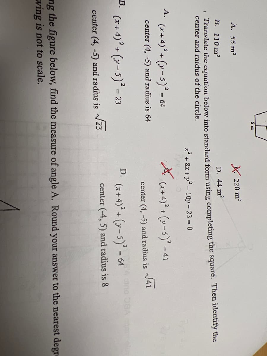 ### Understanding Circles and Their Equations

In this lesson, we will explore how to translate the general equation of a circle into its standard form by completing the square. We'll then identify the circle's center and radius based on this standard form.

#### Problem Statement:

**Given Equation:**
\[ x^2 + 8x + y^2 - 10y = 23 \]

Translate this equation into standard form using the method of completing the square. Then, identify the center and radius of the circle.

#### Solution Steps:

1. **Rewrite Equation:**

    Start with the given equation:
    \[ x^2 + 8x + y^2 - 10y = 23 \]

2. **Group x and y terms:**

    \[ (x^2 + 8x) + (y^2 - 10y) = 23 \]

3. **Complete the Square:**

    For \(x\) terms:
    \[ x^2 + 8x \]
    - Take half of 8, square it: \(\left(\frac{8}{2}\right)^2 = 16\)
    - Add and subtract 16 inside the group:
      \[ (x^2 + 8x + 16 - 16) \]

    For \(y\) terms:
    \[ y^2 - 10y \]
    - Take half of -10, square it: \(\left(\frac{-10}{2}\right)^2 = 25\)
    - Add and subtract 25 inside the group:
      \[ (y^2 - 10y + 25 - 25) \]

    Adding these adjustments into the original equation:
    \[ (x^2 + 8x + 16) + (y^2 - 10y + 25) = 23 + 16 + 25 \]
    Simplifies to:
    \[ (x + 4)^2 + (y - 5)^2 = 64 \]

4. **Standard Form of the Circle:**

    The standard form is:
    \[ (x + 4)^2 + (y - 5)^2 = 64 \]

5. **Identify Center and Radius:**

    - Center \((h, k)\): \((4, -5)\)
    - Radius \( r \): \(