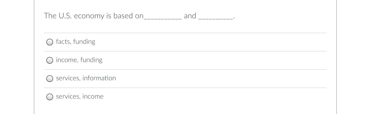 The U.S. economy is based on
and
O facts, funding
income, funding
services, information
services, income
