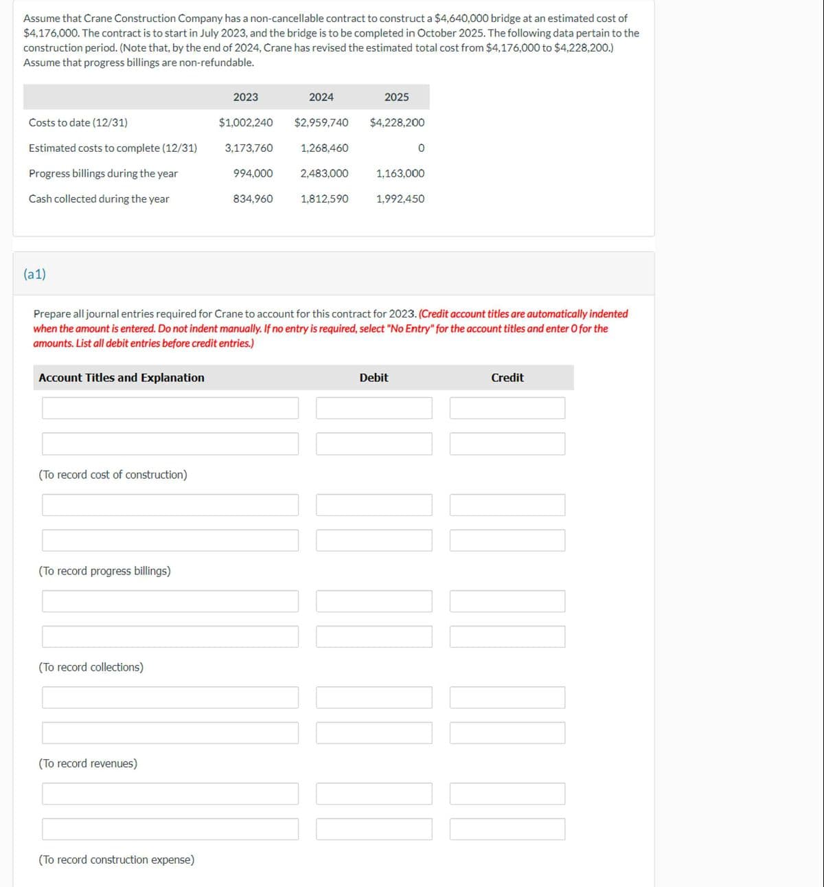 Assume that Crane Construction Company has a non-cancellable contract to construct a $4,640,000 bridge at an estimated cost of
$4,176,000. The contract is to start in July 2023, and the bridge is to be completed in October 2025. The following data pertain to the
construction period. (Note that, by the end of 2024, Crane has revised the estimated total cost from $4,176,000 to $4,228,200.)
Assume that progress billings are non-refundable.
Costs to date (12/31)
Estimated costs to complete (12/31)
Progress billings during the year
Cash collected during the year
(a1)
Account Titles and Explanation
(To record cost of construction)
(To record progress billings)
(To record collections)
(To record revenues)
2023
(To record construction expense)
3,173,760
$1,002,240 $2,959,740 $4,228,200
994,000
2024
834,960
1,268,460
2,483,000
Prepare all journal entries required for Crane to account for this contract for 2023. (Credit account titles are automatically indented
when the amount is entered. Do not indent manually. If no entry is required, select "No Entry" for the account titles and enter O for the
amounts. List all debit entries before credit entries.)
2025
1,812,590
0
1,163,000
1,992,450
Debit
Credit