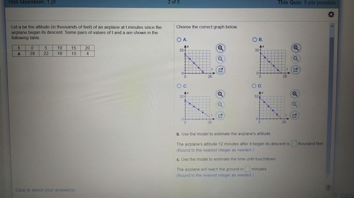 This Question: 1 pt
2 of 5
This Quiz: 5 pts possible
Let a be the altitude (in thousands of feet) of an airplane at t minutes since the
airplane began its descent. Some pairs of values of t and a are shown in the
following table.
Choose the correct graph below.
O A.
OB.
Aa
32-
Aa
32-
10
15
20
a
28
22
16
10
4
28
28
С.
D.
Aa
32-
Aa
32-
28
28
b. Use the model to estimate the airplane's altitude.
The airplane's altitude 12 minutes after it began its descent is
thousand feet.
(Round to the nearest integer as needed.)
c. Use the model to estimate the time until touchdown.
The airplane will reach the ground in
minutes.
(Round to the nearest integer as needed)
Click to select your answer(s).
Conta
