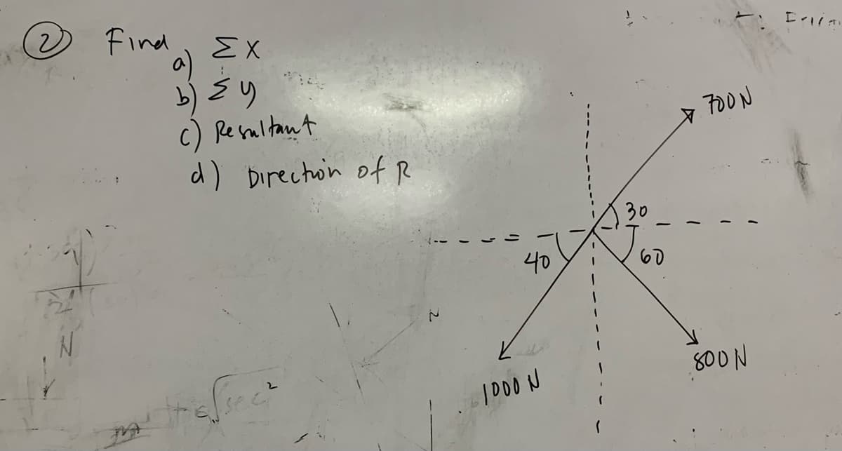 (2) Find
ΣΧ
b) ≤ y
c) Resultant
d) Direction of R
Stassec
N
40
1000 N
30
700N
800N
I'll