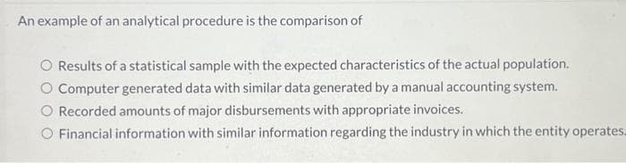 An example of an analytical procedure is the comparison of
Results of a statistical sample with the expected characteristics of the actual population.
O Computer generated data with similar data generated by a manual accounting system.
Recorded amounts of major disbursements with appropriate invoices.
O Financial information with similar information regarding the industry in which the entity operates.