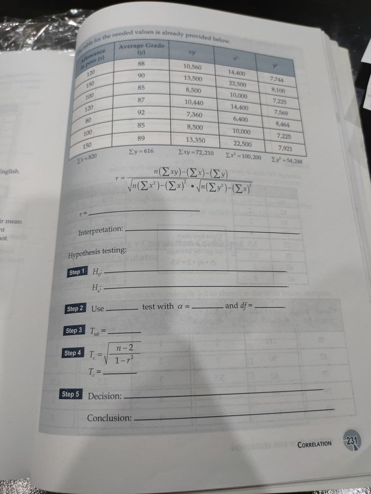 table for the needed values is already provided below.
Average Grade
(y)
able
Allowance
in peso (x)
xy
88
10,560
120
14,400
90
13,500
150
7,744
85
22,500
8,500
8,100
100
10,000
87
10,440
7,225
120
14,400
92
7,360
7,569
80
6,400
85
8,500
8,464
100
10,000
89
13,350
7,225
150
22,500
Σν-616
Exy =72,210
7,921
Ex=820
Ex² =100,200
Ey =54,248
English.
%3D
n(Exy)-(E*)-(Ey)
Vn(E*)-(E*)* • /n(Ev°)-(E*}
ir mean
nt
not.
Interpretation:
Hypothesis testing:
Step 1 H
H:
2as sho
Step 2 Use
test with a =
and df =
Step 3 T
%3D
tab
Step 4 T
n-2
1-r?
00
T =
%3D
Step 5 Decision:
Conclusion:
CORRELATION
231
