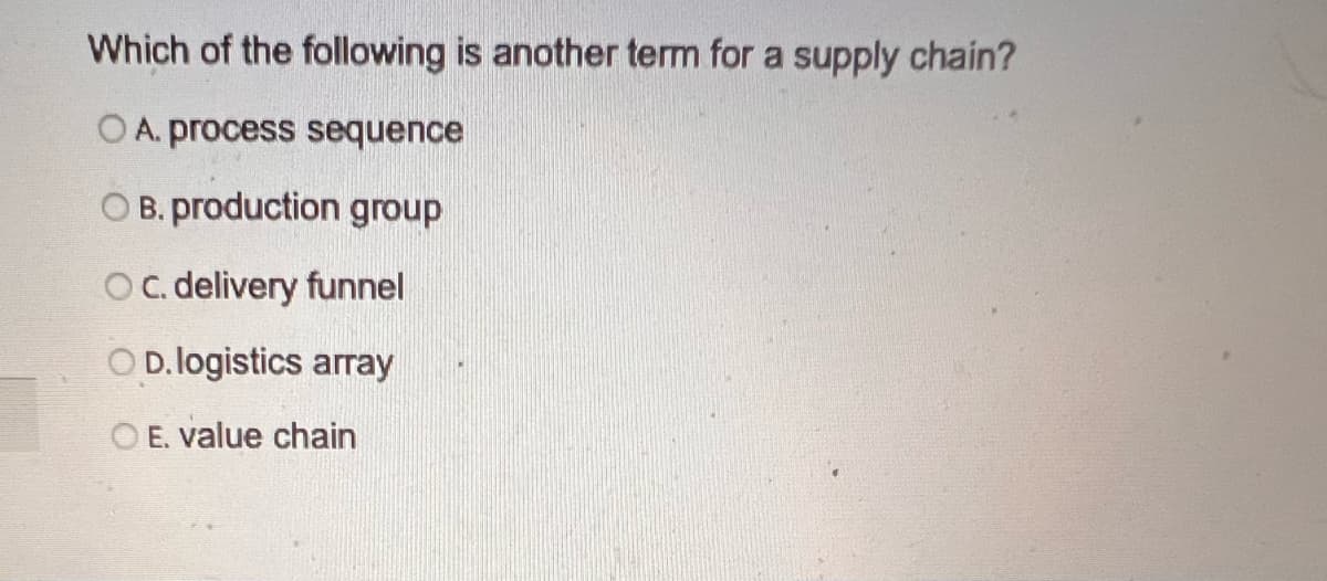 Which of the following is another term for a supply chain?
OA. process sequence
OB. production group
OC. delivery funnel
OD. logistics array
OE. value chain