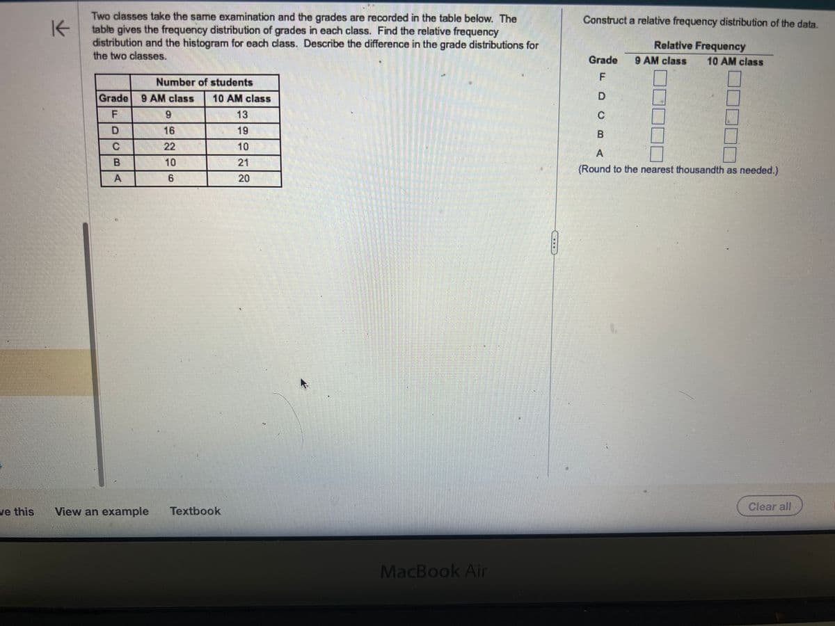 ve this
K
Two classes take the same examination and the grades are recorded in the table below. The
table gives the frequency distribution of grades in each class. Find the relative frequency
distribution and the histogram for each class. Describe the difference in the grade distributions for
the two classes.
Number of students
Grade 9 AM class
F
D
C
A
16
22
10
6
10 AM class
View an example Textbook
13
19
10
20
MacBook Air
Construct a relative frequency distribution of the data.
Grade
LL
Relative Frequency
9 AM class 10 AM class
C
B
A
(Round to the nearest thousandth as needed.)
Clear all