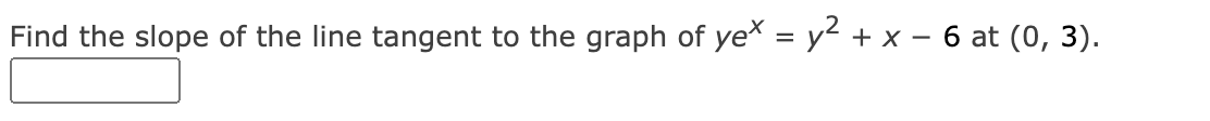 Find the slope of the line tangent to the graph of ye = y² + x – 6 at (0, 3).
