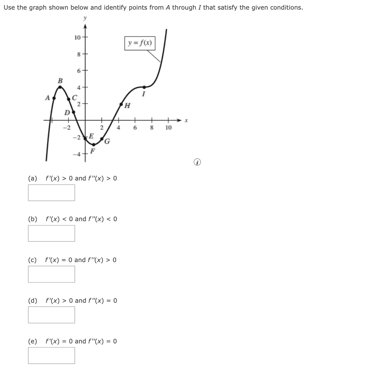 Use the graph shown below and identify points from A through I that satisfy the given conditions.
y
10
y = f(x)
8+
6+
В
4+
2+
D
-2
4
10
-2E
(a) f'(x) > 0 and f"(x) > 0
(b)
f'(x) < 0 and f"(x) < 0
(c) f'(x) = 0 and f"(x) > 0
(d)
f'(x) > 0 and f"(x)
= 0
(e) f'(x) = 0 and f"(x)
= 0
