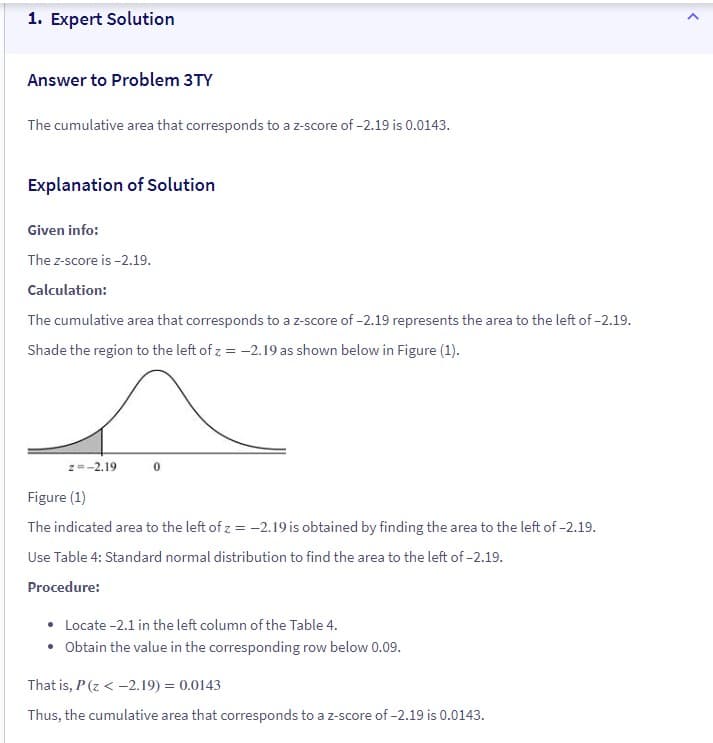 1. Expert Solution
Answer to Problem 3TY
The cumulative area that corresponds to a z-score of -2.19 is 0.0143.
Explanation of Solution
Given info:
The z-score is -2.19.
Calculation:
The cumulative area that corresponds to a z-score of -2.19 represents the area to the left of -2.19.
Shade the region to the left of z = -2.19 as shown below in Figure (1).
z=-2.19
0
Figure (1)
The indicated area to the left of z = -2.19 is obtained by finding the area to the left of -2.19.
Use Table 4: Standard normal distribution to find the area to the left of -2.19.
Procedure:
• Locate-2.1 in the left column of the Table 4.
• Obtain the value in the corresponding row below 0.09.
That is, P(Z < -2.19) = 0.0143
Thus, the cumulative area that corresponds to a z-score of -2.19 is 0.0143.