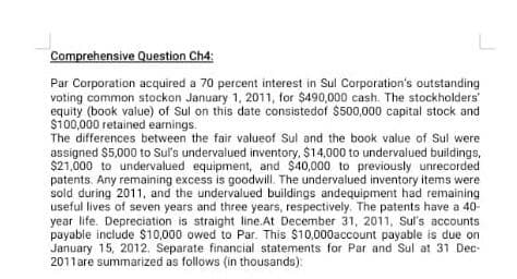 Comprehensive Question Ch4:
Par Corporation acquired a 70 percent interest in Sul Corporation's outstanding
voting common stockon January 1, 2011, for $490,000 cash. The stockholders'
equity (book value) of Sul on this date consisted of $500,000 capital stock and
$100,000 retained earnings.
The differences between the fair valueof Sul and the book value of Sul were
assigned $5,000 to Sul's undervalued inventory, $14,000 to undervalued buildings,
$21,000 to undervalued equipment, and $40,000 to previously unrecorded
patents. Any remaining excess is goodwill. The undervalued inventory items were
sold during 2011, and the undervalued buildings andequipment had remaining
useful lives of seven years and three years, respectively. The patents have a 40-
year life. Depreciation is straight line.At December 31, 2011, Sul's accounts
payable include $10,000 owed to Par. This $10,000account payable is due on
January 15, 2012. Separate financial statements for Par and Sul at 31 Dec-
2011 are summarized as follows (in thousands):