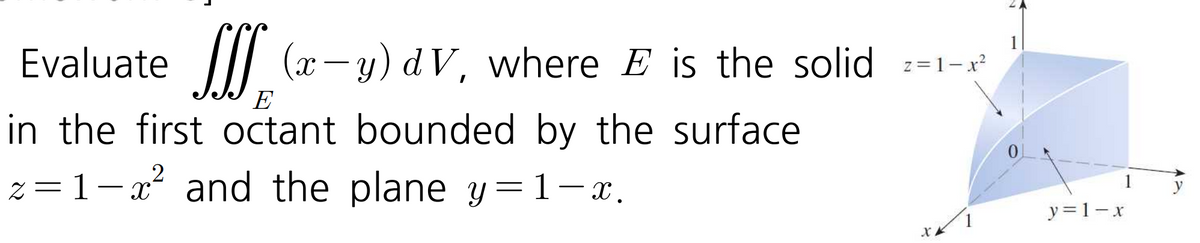 Evaluate
E
in the first octant bounded by the surface
z=1-x² and the plane y=1-x.
2
(-y) dV, where ♬ is the solid 2-1-²
z=1-x²
0
y=1-x