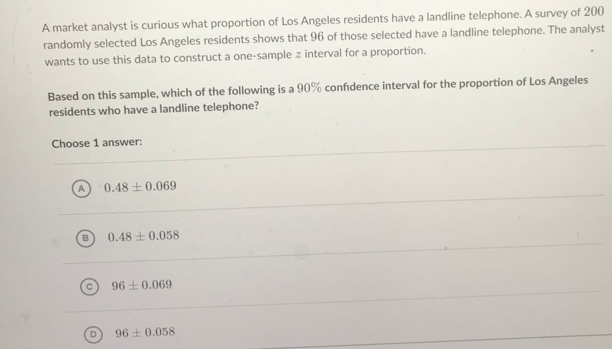 A market analyst is curious what proportion of Los Angeles residents have a landline telephone. A survey of 200
randomly selected Los Angeles residents shows that 96 of those selected have a landline telephone. The analyst
wants to use this data to construct a one-sample z interval for a proportion.
Based on this sample, which of the following is a 90% confidence interval for the proportion of Los Angeles
residents who have a landline telephone?
Choose 1 answer:
A
0.48 +0.069
B
0.48 ±0.058
96 0.069
D
96 0.058
