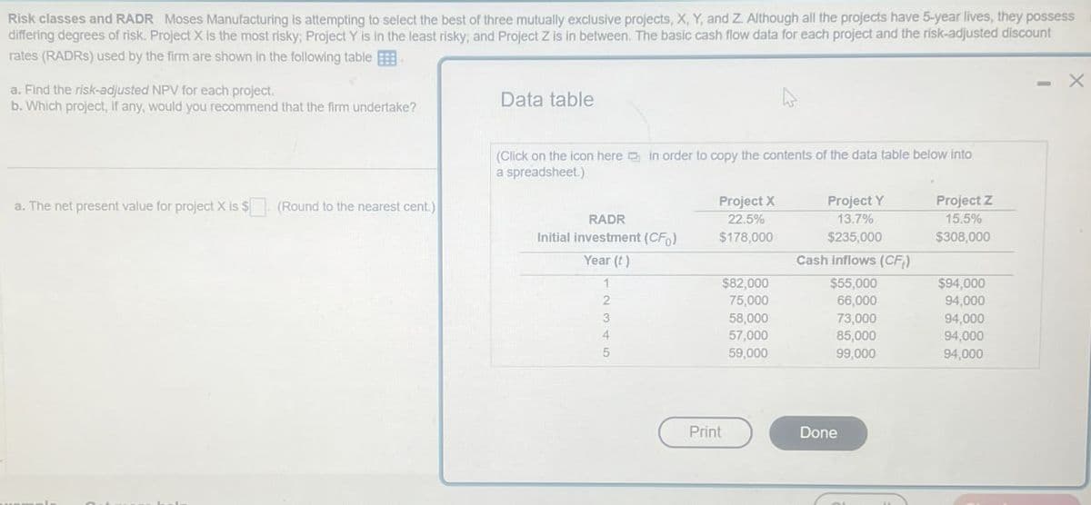 Risk classes and RADR Moses Manufacturing is attempting to select the best of three mutually exclusive projects, X, Y, and Z. Although all the projects have 5-year lives, they possess
differing degrees of risk. Project X is the most risky; Project Y is in the least risky; and Project Z is in between. The basic cash flow data for each project and the risk-adjusted discount
rates (RADRS) used by the firm are shown in the following table
a. Find the risk-adjusted NPV for each project.
b. Which project, if any, would you recommend that the firm undertake?
Data table
X
a. The net present value for project X is $. (Round to the nearest cent.)
(Click on the icon here in order to copy the contents of the data table below into
a spreadsheet.)
RADR
Initial investment (CFO)
Year (t)
Project X
22.5%
$178,000
Project Y
13.7%
Project Z
$235,000
15.5%
$308,000
Cash inflows (CF)
1
$82,000
$55,000
$94,000
2
75,000
66,000
94,000
3
58,000
73,000
94,000
4
57,000
85,000
94,000
5
59,000
99,000
94,000
Print
Done