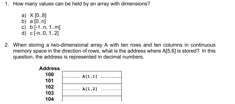 1. How many values can be held by an array with dimensions?
а) X [.8]
b) a [0..n]
c) b[-1..n, 1.m]
d) c [-n..0, 1.2]
2. When storing a two-dimensional array A with ten rows and ten columns in continuous
memory space in the direction of rows, what is the address where A[5,6] is stored? In this
question, the address is represented in decimal numbers.
Address
100
A[1,1]
101
102
A[1,2]
103
104
