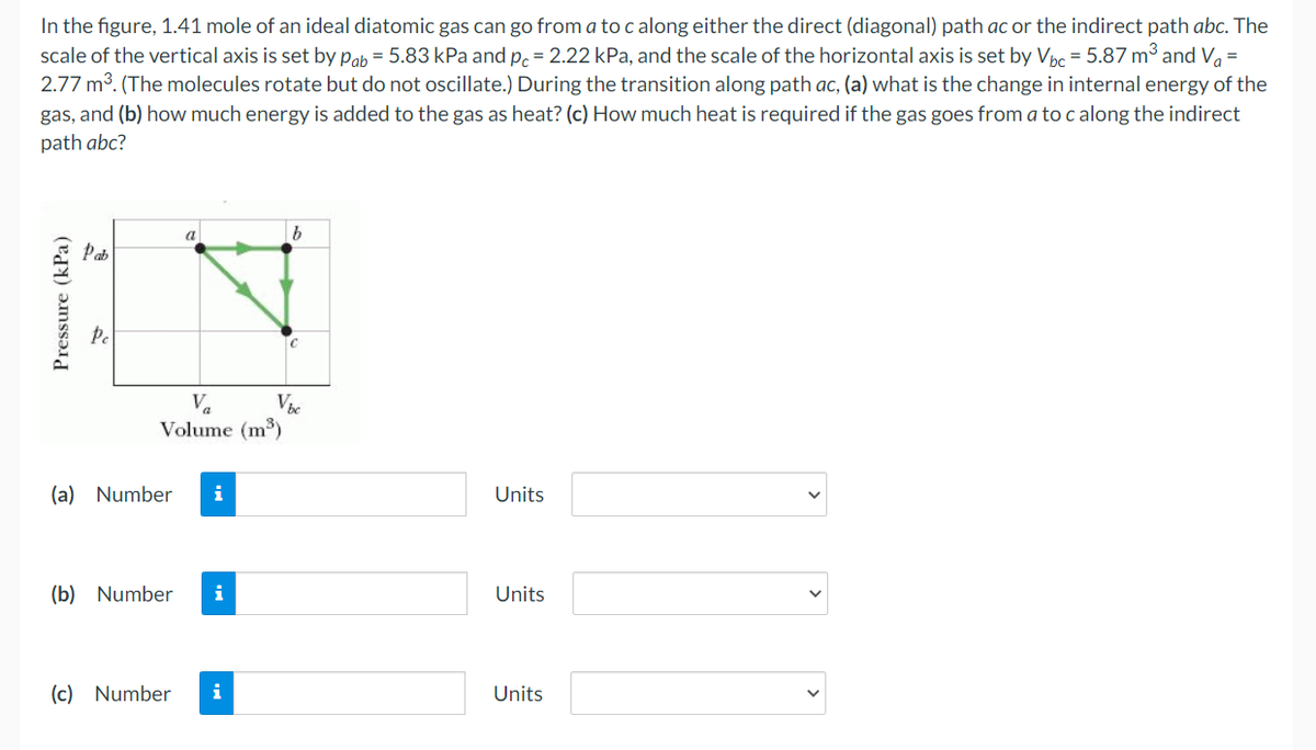 In the figure, 1.41 mole of an ideal diatomic gas can go from a to c along either the direct (diagonal) path ac or the indirect path abc. The
scale of the vertical axis is set by Pab= 5.83 kPa and pc = 2.22 kPa, and the scale of the horizontal axis is set by Vbc = 5.87 m³ and V₁ =
2.77 m³. (The molecules rotate but do not oscillate.) During the transition along path ac, (a) what is the change in internal energy of the
gas, and (b) how much energy is added to the gas as heat? (c) How much heat is required if the gas goes from a to c along the indirect
path abc?
Pressure (kPa)
Pab
Pe
(a) Number
a
Va
Volume (m³)
(c) Number
i
(b) Number i
i
b
Vbc
Units
Units
Units