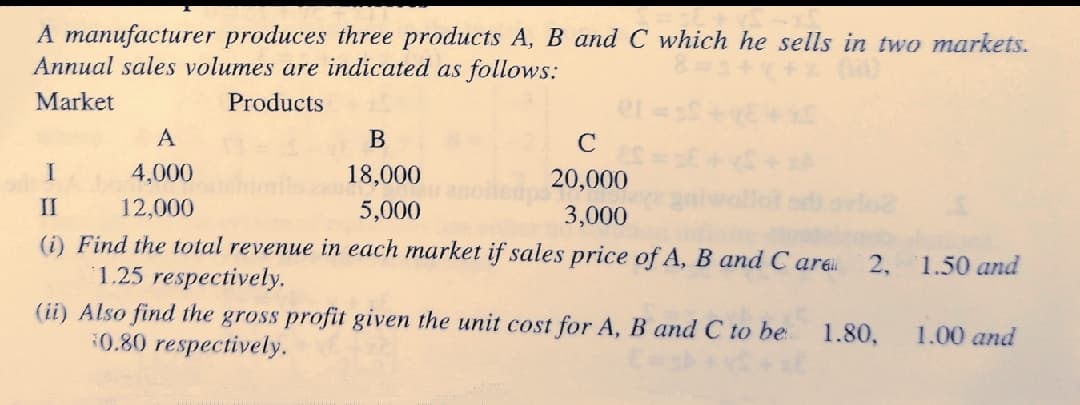 A manufacturer produces three products A, B and C which he sells in two markets.
Annual sales volumes are indicated as follows:
Market
Products
A
I
4,000
18,000
20,000
II
12,000
5,000
3,000
(i) Find the total revenue in each market if sales price of A, B and C are
1.25 respectively.
(ii) Also find the gross profit given the unit cost for A, B and C to be
0.80 respectively.
2, 1.50 and
1.80,
1.00 and
