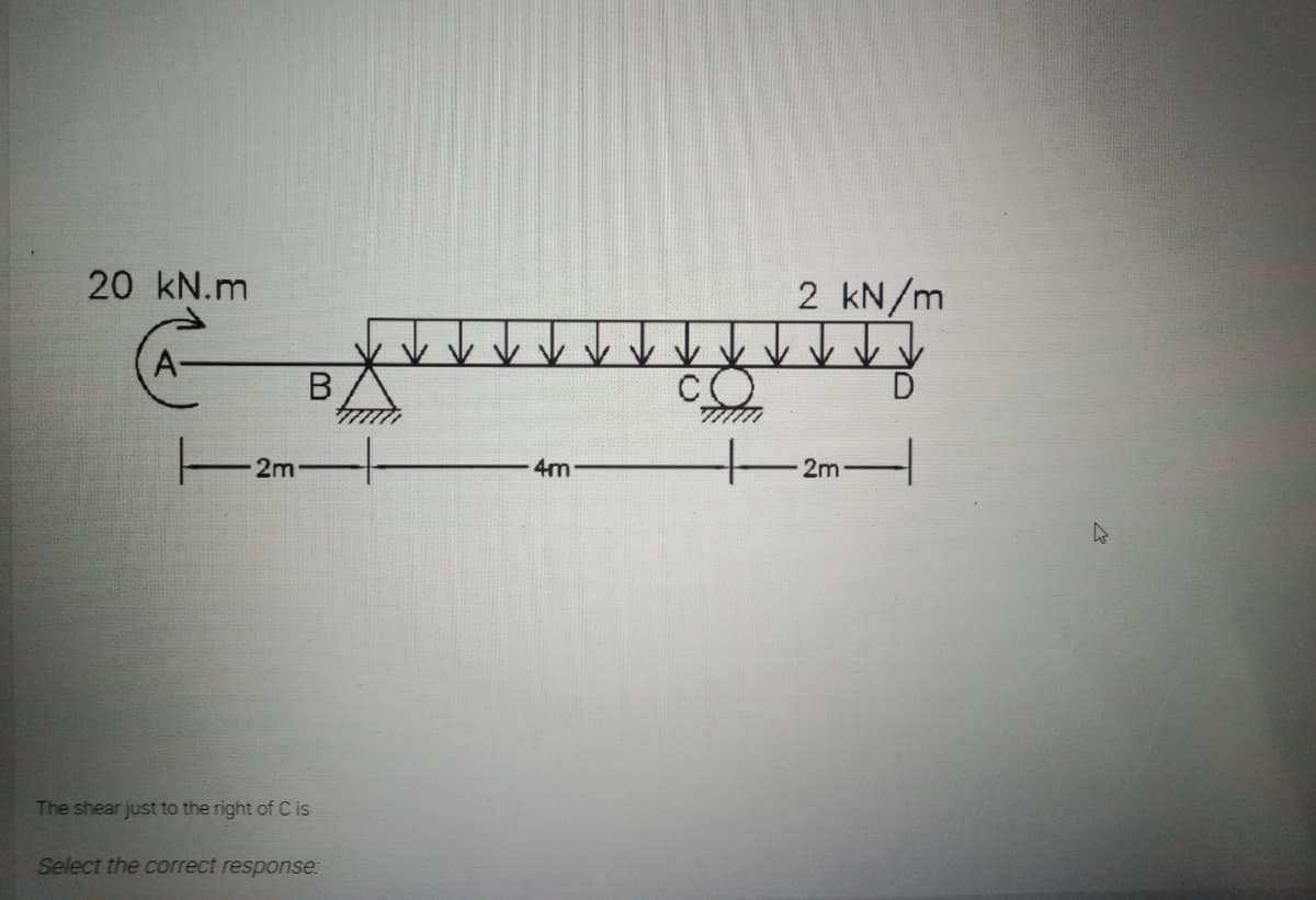 20 kN.m
2 kN/m
A-
B
2m-
2m-
4m
The shear just to the right of C is
Select the correct response:
