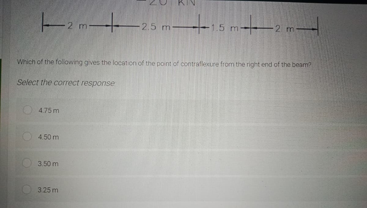 Fimt25 m-
-15 m--
Which of the following gives the location of the point of contraflexure from the right end of the beam?
Select the correct response
4.75 m
4.50 m
3.50 m
3.25 m
