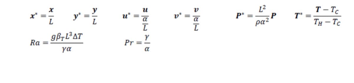 y
y':
L2
T- Tc
T* = -
и
x* =
L
u* =
a
P* =
P
pa?
TH - Tc
Ra =
Pr
= -
ya
a
