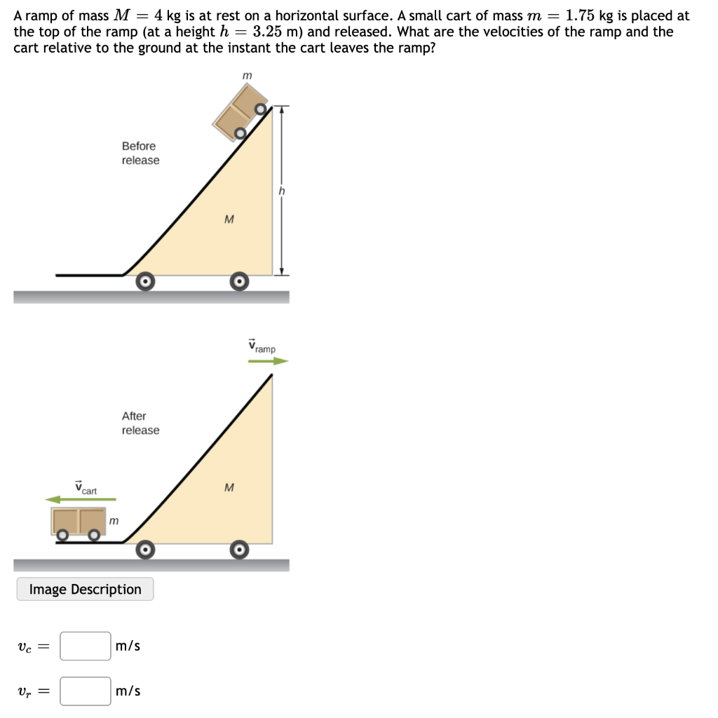 A ramp of mass M = 4 kg is at rest on a horizontal surface. A small cart of mass m = 1.75 kg is placed at
the top of the ramp (at a height h = 3.25 m) and released. What are the velocities of the ramp and the
cart relative to the ground at the instant the cart leaves the ramp?
Vc =
✓cart
Vr =
m
Before
release
Image Description
After
release
m/s
m/s
M
M
m
V.
Vramp