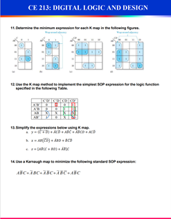 CE 213: DIGITAL LOGIC AND DESIGN
11. Determine the minimum epresion for each Kmap in the following figures.
12. Use the Kmag method to implement the simplest SOP pression for the logic function
specified in the following Table.
AB
13. Simpity e epressions below using Kmap.
14 Use a Karnaugh map to minimiae the tolilowing standard soPpression
