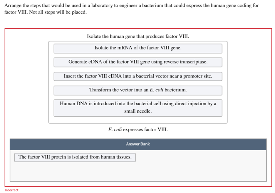 Arrange the steps that would be used in a laboratory to engineer a bacterium that could express the human gene coding for
factor VIII. Not all steps will be placed.
Isolate the human gene that produces factor VIII.
Isolate the mRNA of the factor VIII gene.
Generate cDNA of the factor VIII gene using reverse transcriptase.
Incorrect
Insert the factor VIII cDNA into a bacterial vector near a promoter site.
Transform the vector into an E. coli bacterium.
Human DNA is introduced into the bacterial cell using direct injection by a
small needle.
E. coli expresses factor VIII.
Answer Bank
The factor VIII protein is isolated from human tissues.