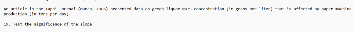 An article in the Tappi Journal (March, 1986) presented data on green liquor Na2S concentration (in grams per liter) that is affected by paper machine
production (in tons per day).
19. Test the significance of the slope.
